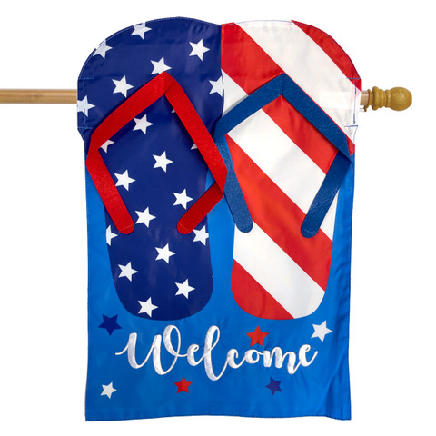Briarwood Lane Patriotic Flip Flops Summer Applique House Flag with red, white, and blue stars.