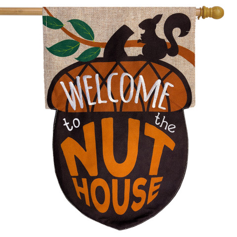 Briarwood Lane Welcome To The Nuthouse burlap house flag with colorful squirrel and acorn design.