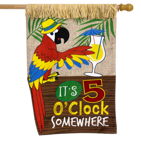 Briarwood Lane small printed house flag with colorful parrot and It's 5 O'Clock theme for spring summer.