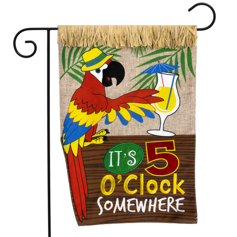 Briarwood Lane small printed garden flag with colorful parrot and "It's 5 O'Clock" cheerful summer design.