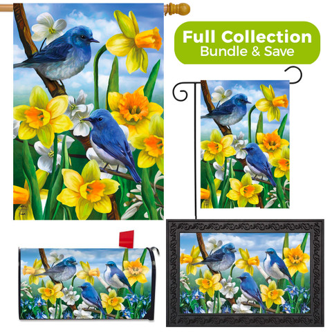 Briarwood Lane Bluebirds And Daffodils garden flag set with bluebirds and yellow flowers decorative bundle.