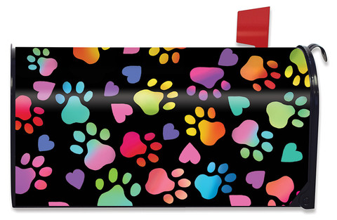 Briarwood Lane Rainbow Pawprints Mailbox Cover with colorful paw print and heart design on black background.