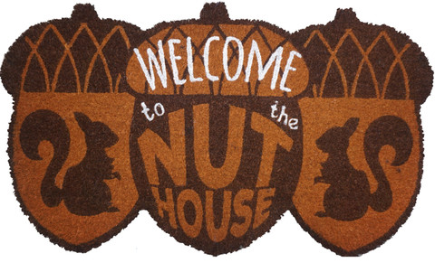 Briarwood Lane Welcome To The Nuthouse Humor Natural Fiber Coir Doormat with squirrels and acorns design.