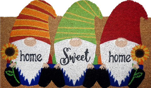 Briarwood Lane Home Sweet Home Gnome Spring coir doormat with colorful sunflowers and garden gnomes.