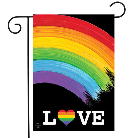 Briarwood Lane Rainbow Love Pride Garden Flag with colorful rainbow and LOVE text on black background.