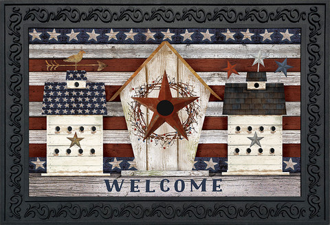 Briarwood Lane Rustic American Birdhouse Primitive Doormat with patriotic stars and welcome message on rustic background.