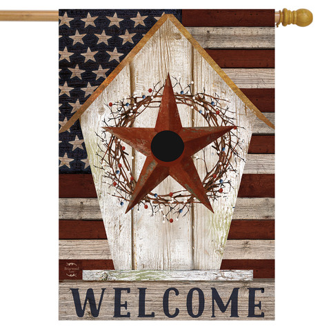Rustic American Birdhouse Primitive House Flag by Briarwood Lane with star and welcome text design.