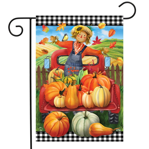 Briarwood Lane Pumpkin Pickup Scarecrow Fall Garden Flag with colorful pumpkins and scarecrow design.