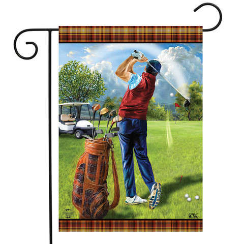Briarwood Lane Golf Day spring garden flag with colorful, cheery golf scene on small printed fabric.