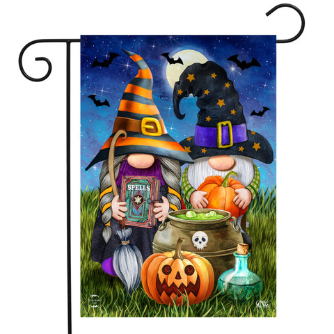 Briarwood Lane Halloween Gnomes Humor Garden Flag with orange and black gnomes under a moonlit sky.