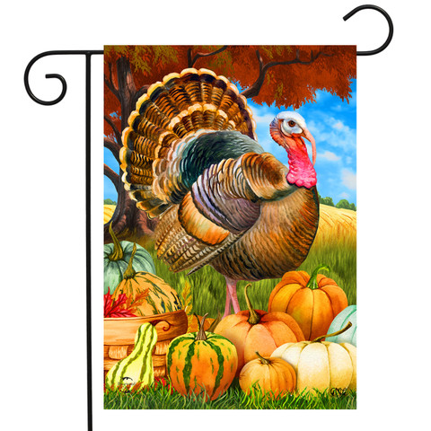 Briarwood Lane Turkey And Pumpkins Fall Garden Flag with colorful turkey and pumpkins design.