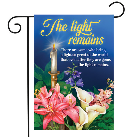 Briarwood Lane small printed The Light Remains garden flag with colorful floral design and candle.
