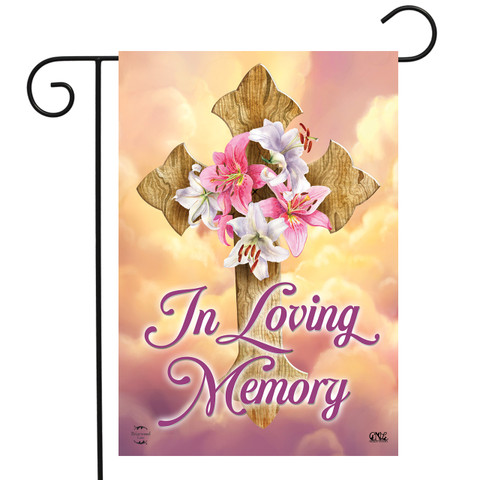 Briarwood Lane small, printed, decorative garden flag with cross and flowers, In Loving Memory.