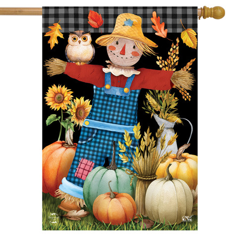 Friendly Scarecrow Autumn House Flag with colorful fall decor and pumpkins on Briarwood Lane outdoor display.