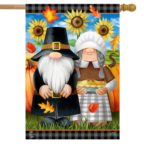 Briarwood Lane Thanksgiving Gnomes Humor House Flag, colorful fall gnomes with sunflowers and pumpkins.