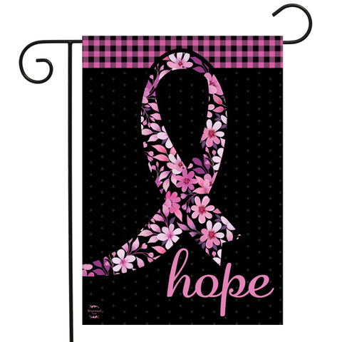 Briarwood Lane Hope Ribbon Floral Garden Flag with pink flowers and checkered border, colorful decorative display.