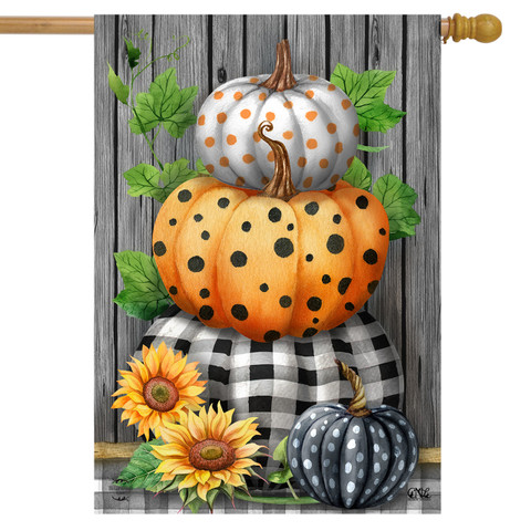 Briarwood Lane small printed house flag with colorful stacked pumpkins and sunflowers for fall seasonal decor.
