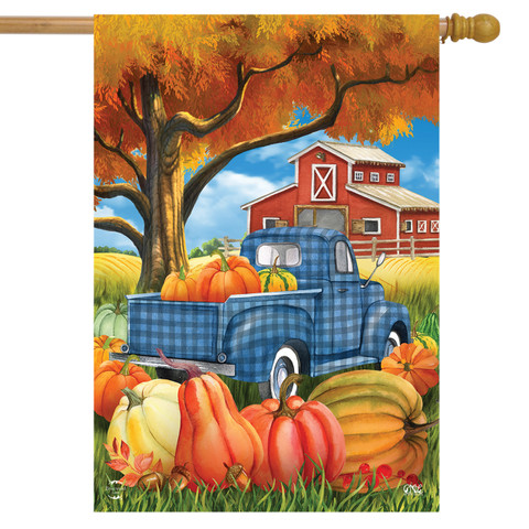 Briarwood Lane Welcome To The Patch Fall House Flag, colorful autumn scene with pumpkins and truck.