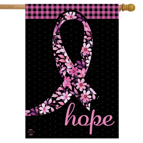 Briarwood Lane Hope Ribbon Floral House Flag, colorful pink and black decorative garden display.