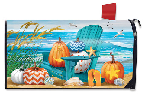 Briarwood Lane Fall At The Beach Mailbox Cover with colorful, cheery autumn beach scene design.