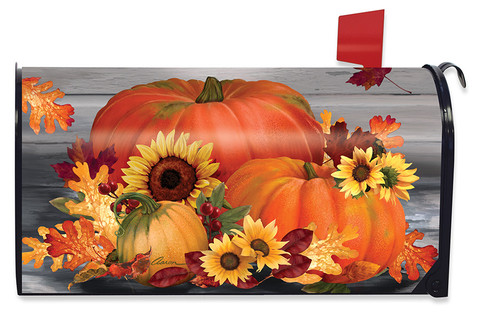 Briarwood Lane Autumn Pumpkin Trio Mailbox Cover with colorful fall design and sunflowers on small printed decorative cover.