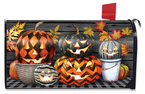 Briarwood Lane small printed Patterned Jack-O-Lanterns decorative mailbox cover with colorful cheery Halloween design.