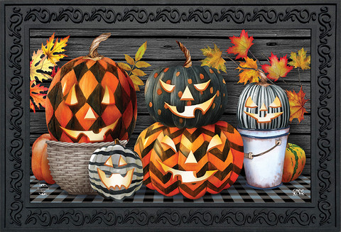 Briarwood Lane Patterned Jack-O-Lanterns Halloween Doormat with colorful, cheery, printed, decorative autumn design.