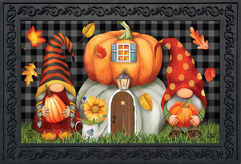 Briarwood Lane Fall Gnome Home Humor Doormat with colorful, cheery autumn gnomes and pumpkin house.