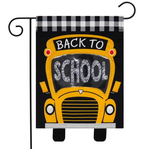Briarwood Lane small printed garden flag with colorful back to school yellow bus design for porch display.