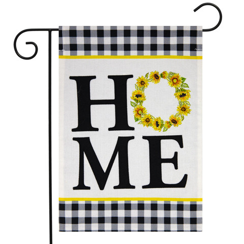 Briarwood Lane small printed garden flag with colorful sunflowers and 'HOME' on burlap background.
