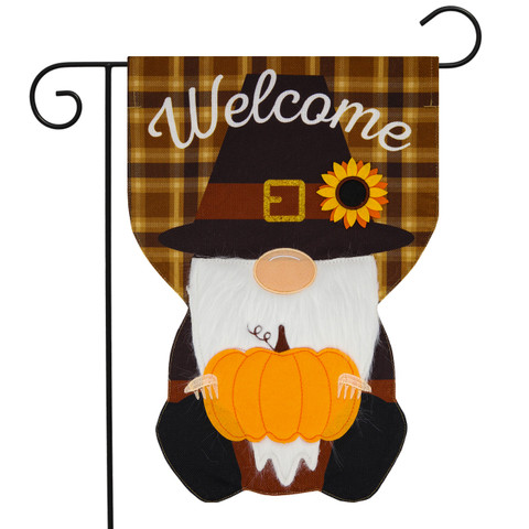 Briarwood Lane Pilgrim Gnome Thanksgiving burlap garden flag with colorful, cheery welcome design and pumpkin.