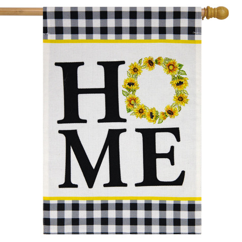 Briarwood Lane small printed house flag with colorful sunflowers and 'HOME' on burlap background.