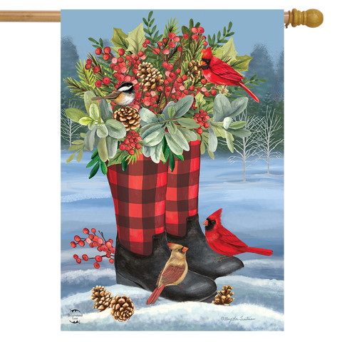 Briarwood Lane small printed Winter Boots House Flag with colorful holiday birds and festive winter decor.