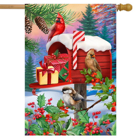 Briarwood Lane small printed Winter Mailbox Christmas House Flag with colorful birds and festive holiday decor.