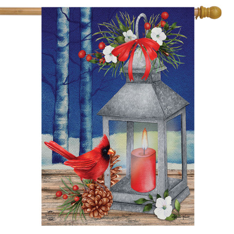 Lantern And Cardinals Winter House Flag
