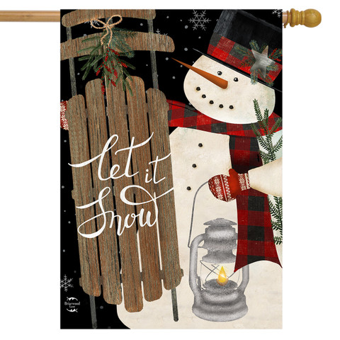 Briarwood Lane Snowman And Sled Primitive House Flag, colorful Christmas winter decor for porch or yard.