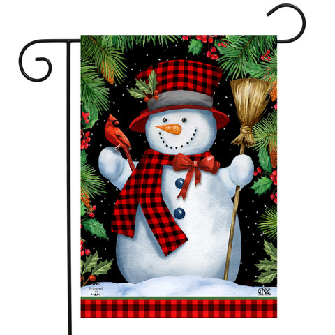 Briarwood Lane Red Checkered Snowman Winter Garden Flag, colorful holiday decoration for porch or yard display.