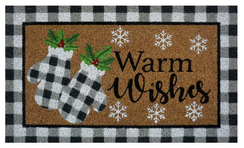 Briarwood Lane checkered mittens coir doormat with snowflakes and holly reads "Warm Wishes" naturally.