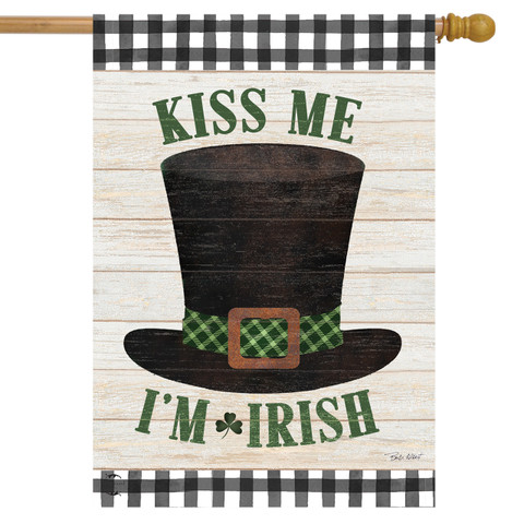 Briarwood Lane St. Patty's house flag with leprechaun hat and green text on rustic background.