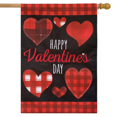 Briarwood Lane red and black plaid Valentine's Day burlap house flag with hearts and text.