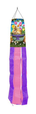 Briarwood Lane Spring Bunny Basket Floral Windsock with bunnies, tulips, and colorful ribbons hanging freely.