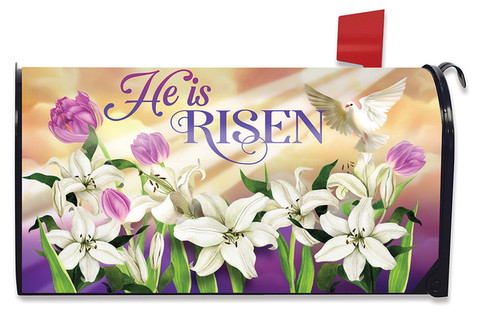 Briarwood Lane He Is Risen Lilies Easter Mailbox Cover with purple sash and lilies design.