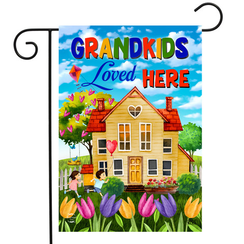 Briarwood Lane colorful spring garden flag with house, tulips, and "Grandkids Loved Here" greeting.