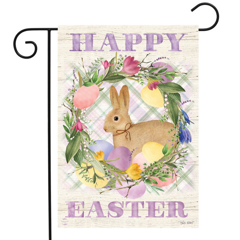 Briarwood Lane Bunny Easter Wreath Garden Flag with pastel Easter eggs and bunny decoration.