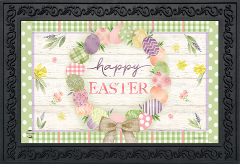 Briarwood Lane Easter Egg Wreath Holiday Doormat with colorful eggs and happy Easter text on patterned background.