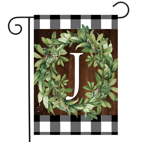Briarwood Lane Wreath Monogram J Garden Flag with greenery and checkered border for porch display.