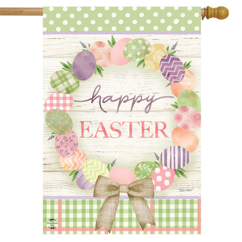 Briarwood Lane Easter Egg Wreath flag with colorful eggs, polka dots, and checkered patterns.