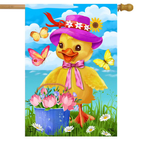 Briarwood Lane Spring Duckling Floral House Flag with colorful butterflies and flowers on a sunny background.