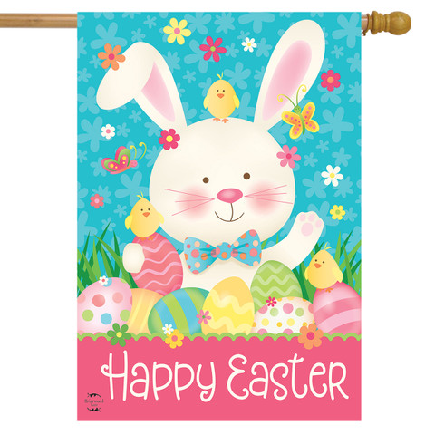 Briarwood Lane Easter bunny flag with chicks, eggs, and flowers on colorful springtime background.