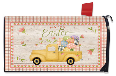 Briarwood Lane oversized Easter mailbox cover with colorful eggs and truck on springtime porch decor.